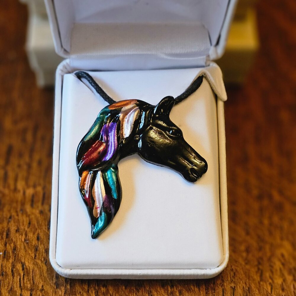 Vtg. 90's Hand Painted Black Horse Pendant 20"